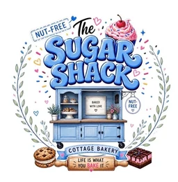 The Sugar Shack logo: a blue cart under bubble letters, nut-free, life is what you bake it